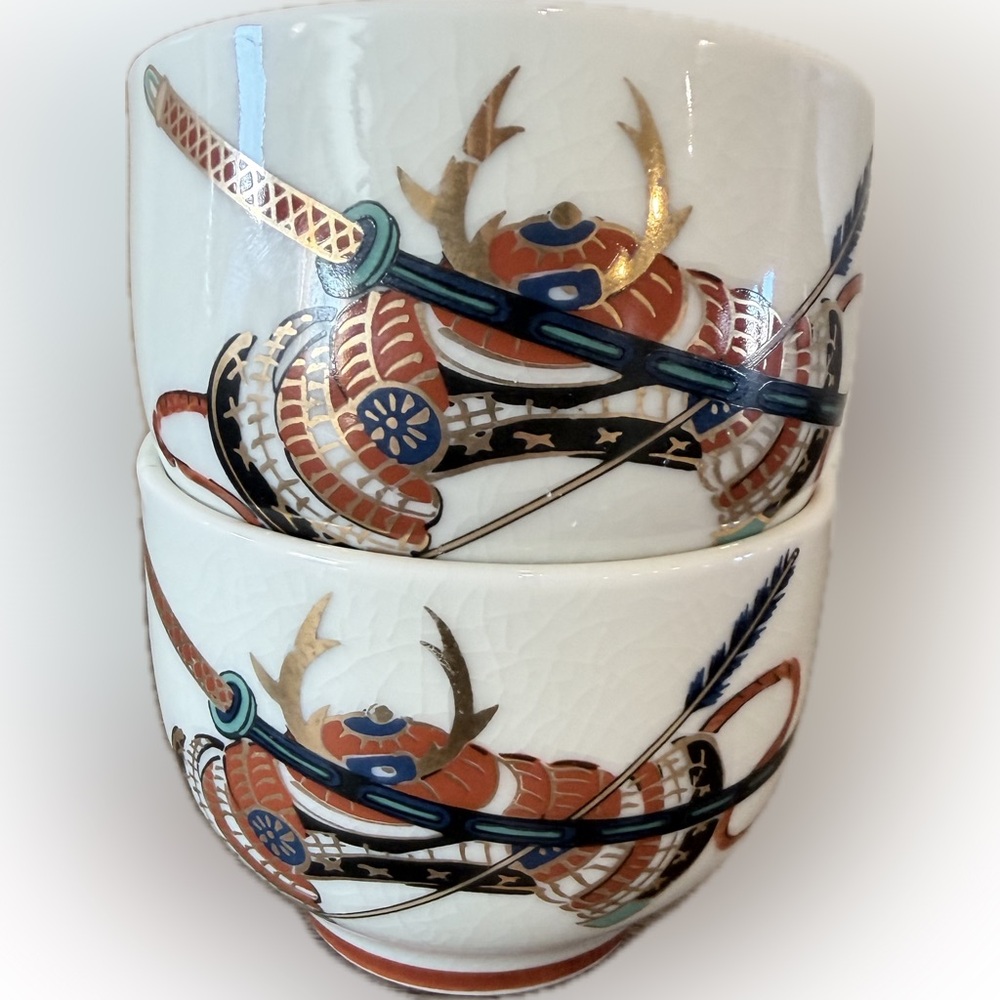 Vintage Japanese Porcelain Sake Cups | Samurai Armor Design | Set of 2